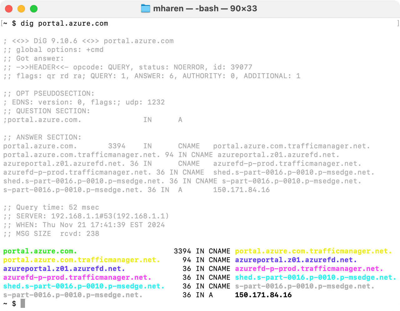 a terminal window showing the command "dig portal.azure.com" and the results, which are several recursive dns entries, colored so that each name has a different color