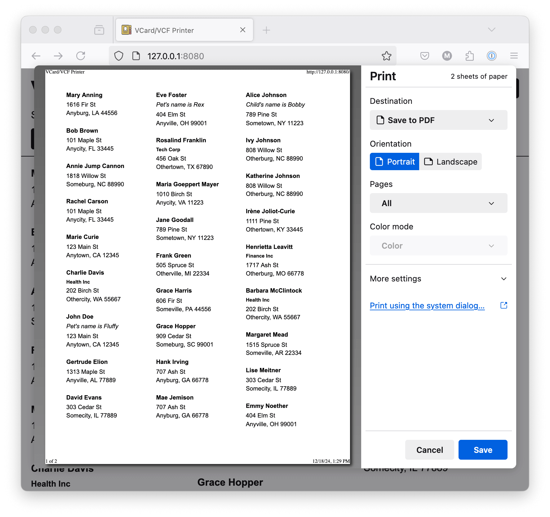 a screenshot of a web page that shows a bunch of contact cards, print-preview mode