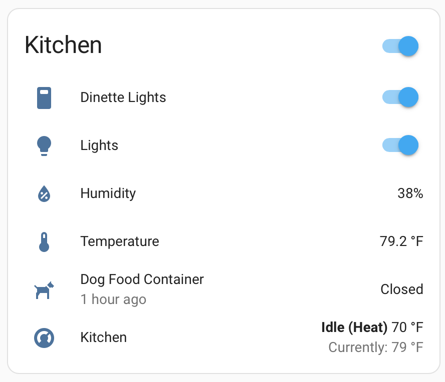 A dashboard titled "Kitchen" that shows light switches, humidity, temperature, and "Dog Food Container", last closed 1 hour ago