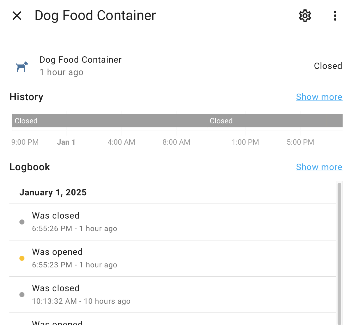 A log titled "Dog Food Container" that shows it was last closed 1 hour ago, with earlier entries showing opens and closes