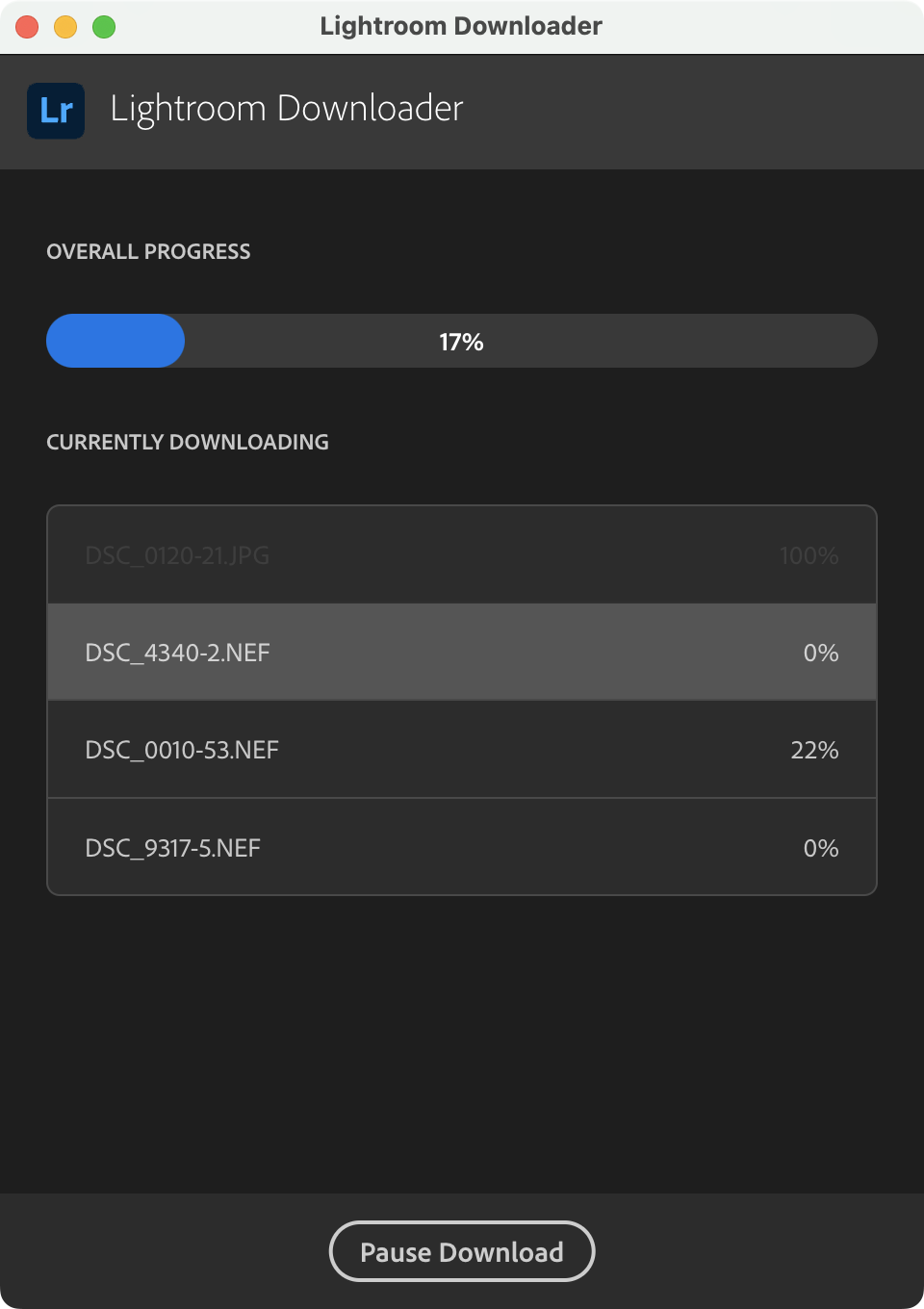 a screenshot of an app titled "Lightroom Downloader", showing image files being downloaded and a progress bar at 17%. There is a button at the bottom labeled "Pause Download"